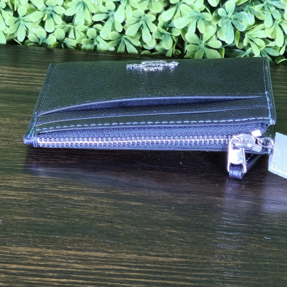 Coach CC550 Mini ID Case Card Holder Metallic Navy Blue Leather Zip Wallet NEW - Picture 4 of 7